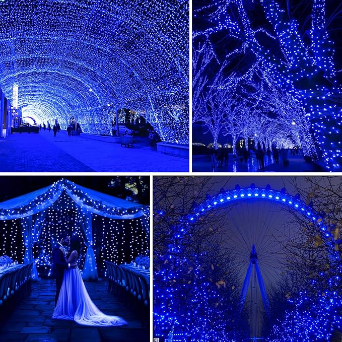 JXLEDAYY 200 FT 500 LED Christmas Lights Outdoor Fairy Lights Plug in Extra Long String Lights Clear Wire Waterproof 8 Modes Timer for Outside House Tree Garden Yard Wedding Party Decorations-Blue