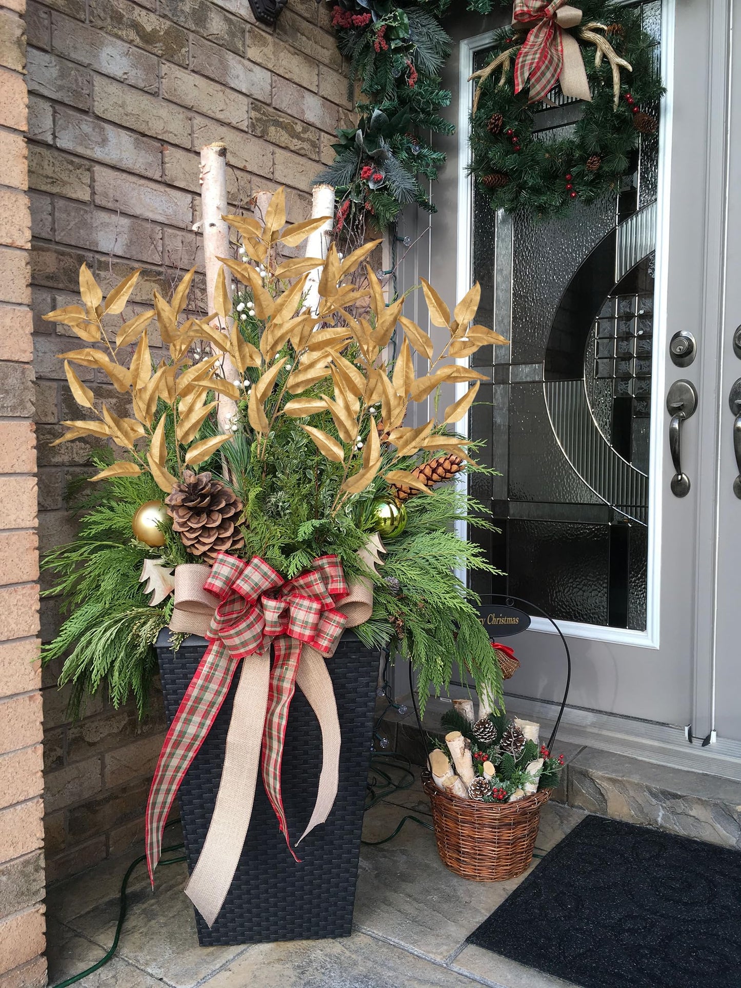 Hollyone 32” Christmas Tree Picks and Sprays 3Pcs Gold Artificial Eucalyptus Stems Eucalyptus Leaves Branches Fake Gold Leaf Floral for Vase DIY Xmas Tree Garland Wreath Centerpieces Wedding Decor