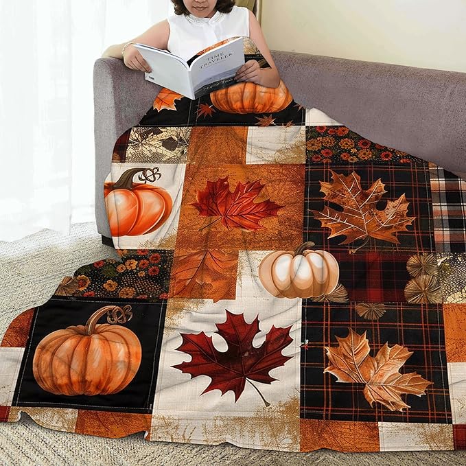 Blanket Thanksgiving Lightweight Soft Throw Blanket for Girls Teens Women, Plaid Pumpkin Fall Fuzzy Blanket Home Room Decor 50x60 Inches