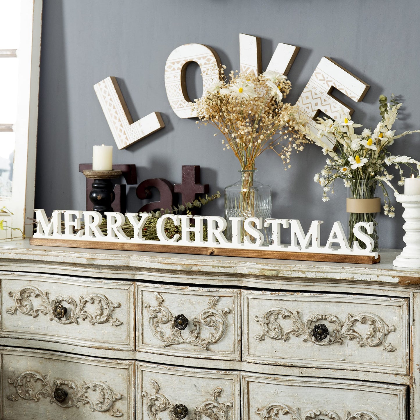 Farmhouse Merry Christmas Signs for Home Decor 36 inch, Handmade Distressed Finish White Winter Decor Christmas Wood Signs, Rustic Long Xmas Sign for Tabletop Shelf Mantle Living Room Bedroom