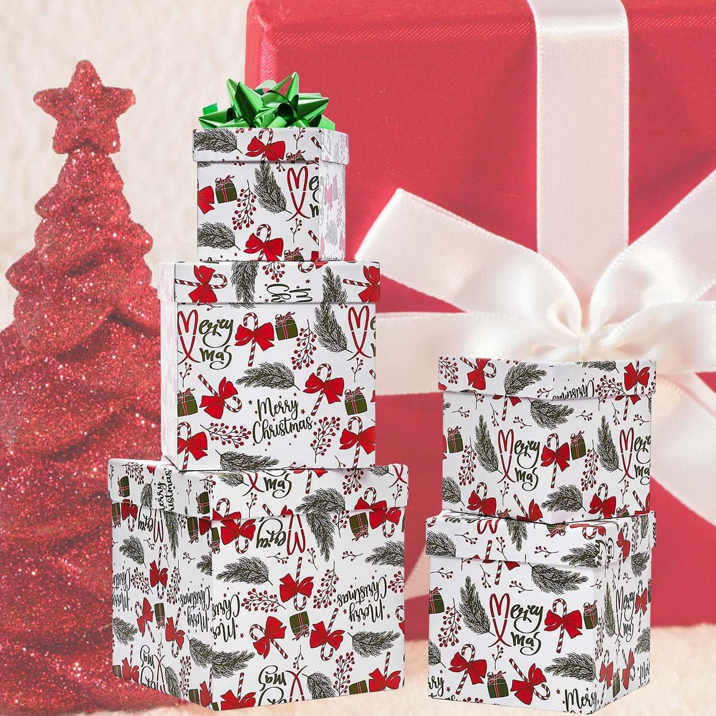 UNIQOOO 5PCS Christmas Nesting Gift Boxes with Lid, Nested Box Set, 5 Sizes, Square Stackable, Red White Green, Xmas Berry Candy Cane Paper Box Tower Décor, Holiday Thanksgiving New Year Packaging