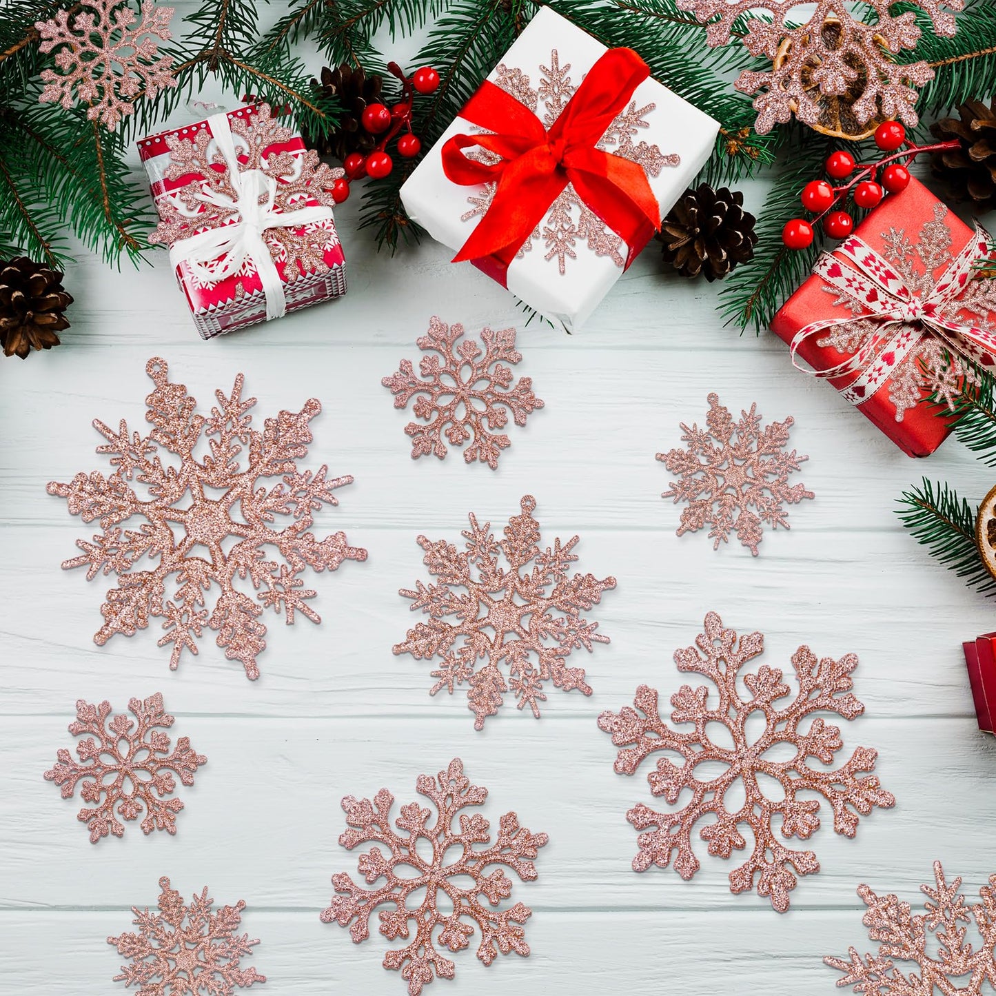 36pcs Christmas Rose Gold Snowflake Ornaments Plastic Glitter Snow Flakes Ornaments for Winter Christmas Tree Decorations Size Varies Craft Snowflakes