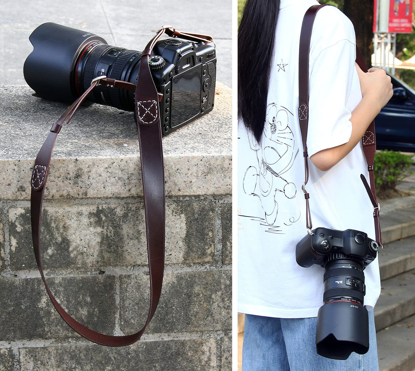 MY MEMORY Handmade Genuine Leather Camera Strap,Adjustable Camera Neck Shoulder Strap for All SLR and DSLR-Dark Brown