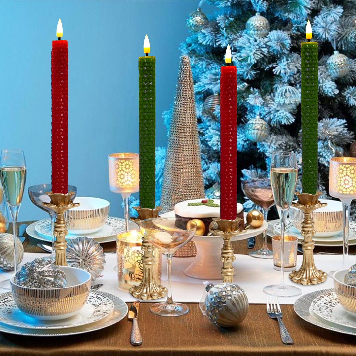 FCMSHAMD Christmas Red&Green Honeycomb Flameless Taper Candles, 9.5 Inch Flickering Candles with Remote and Timer, Real Beeswax Battery Operated Led Candle for Christmas Party Home Decoration, 6PCS