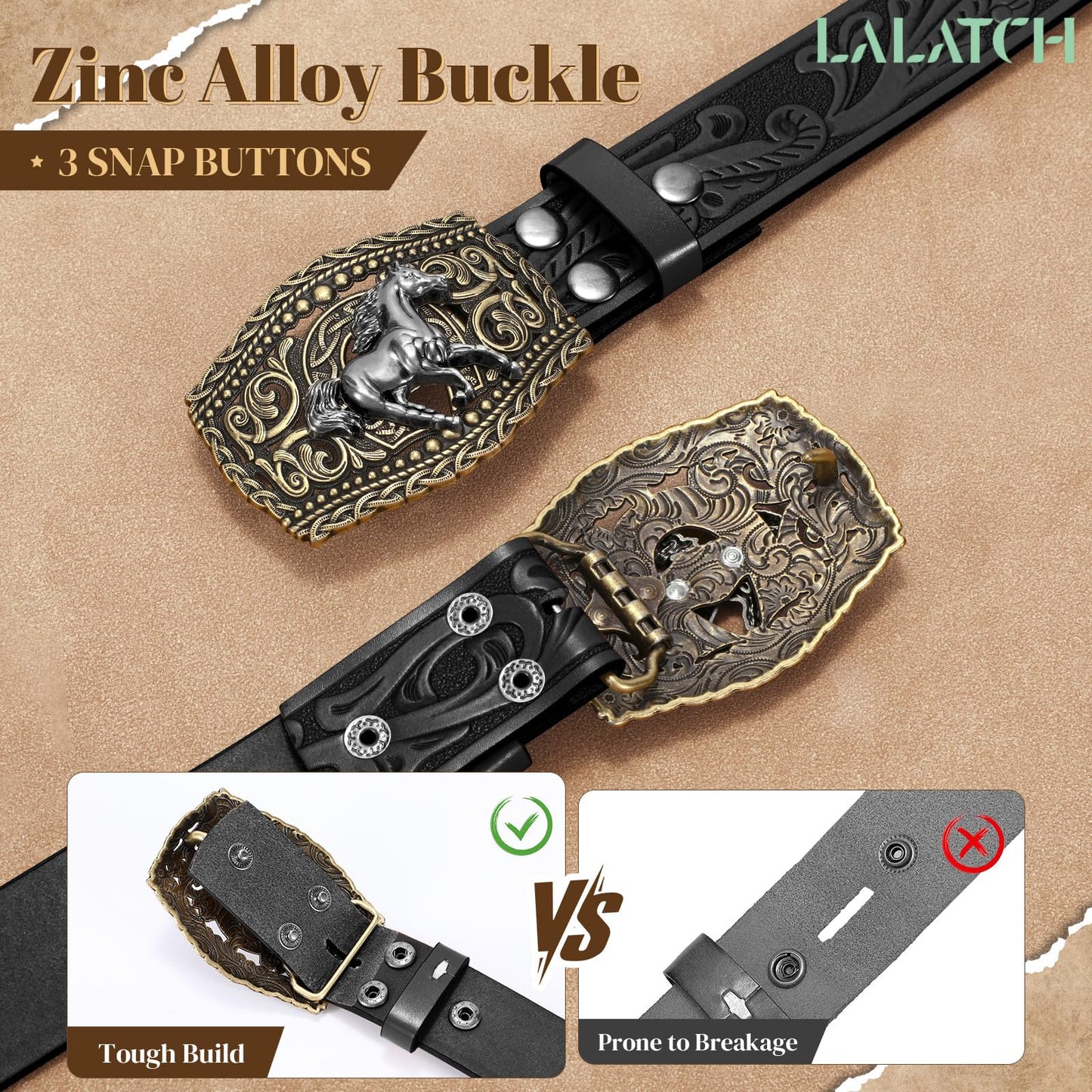 LALATCH Western Cowboy Belts Western Belts for Women Men Cowgirl Cowboy Belt Buckles Leather Cowboy Belt for Men Rodeo Outfit, Gold Horse/Black Belt