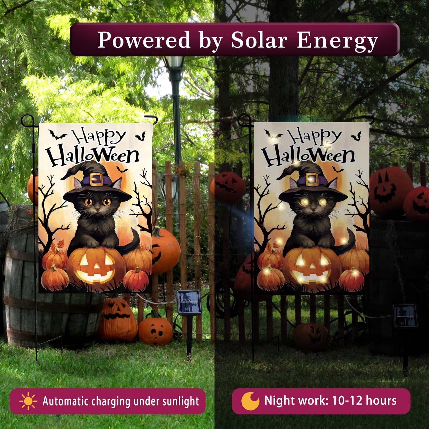 Solar LED Lights Happy Halloween Pumpkin Black Cat Garden Flag Double Side 12"x18" Flag16LED Warm White lights and 8modes Solar Panel for Garden,Patio,Yard, Lawn Halloween Decorations home Decor (cat)