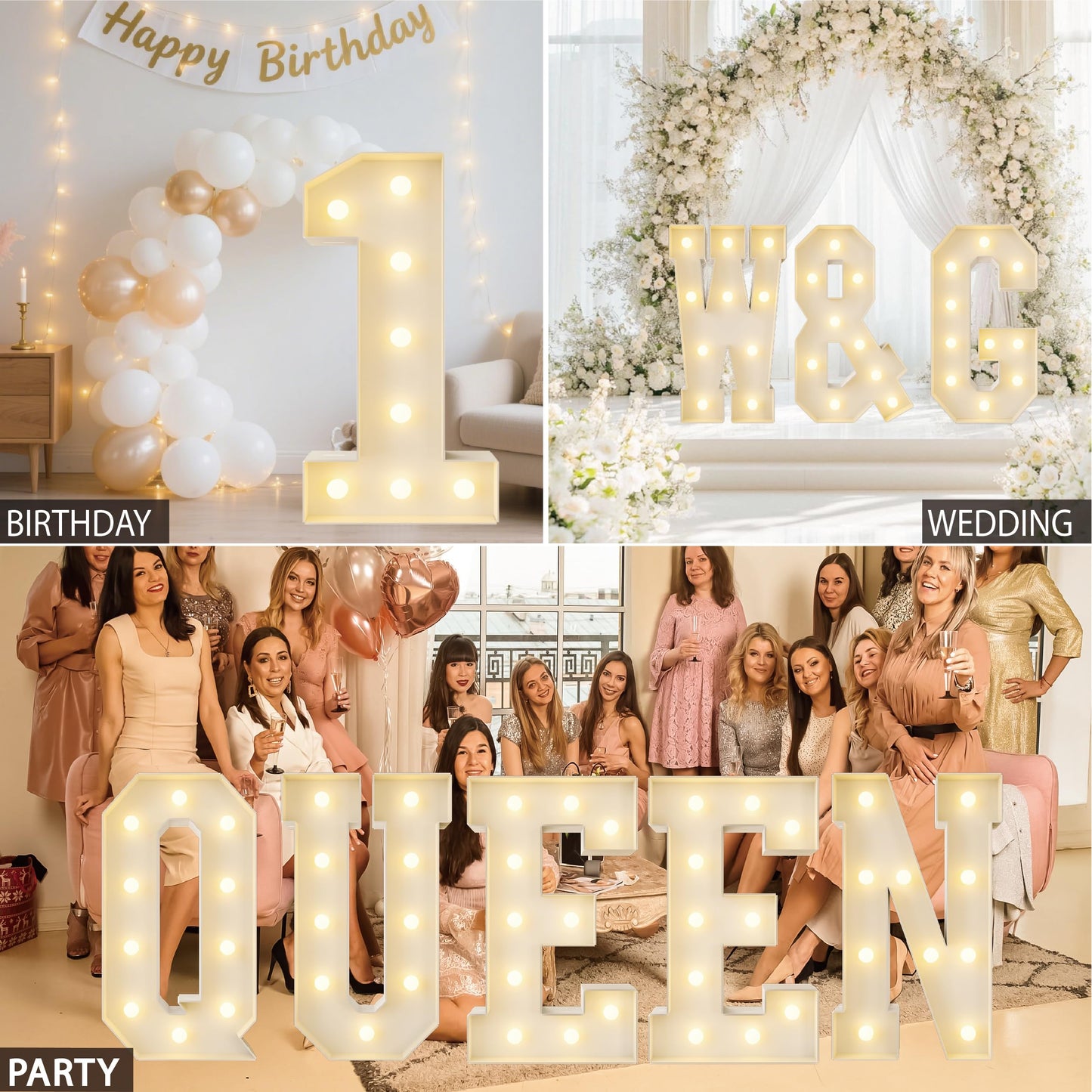 HXWEIYE Big Light Up Letters Q,3FT Large Marquee Letters with lights, Mosaic Balloon Frame, Giant Baby Letter for baby shower Birthday Graduation Engagement Party Wedding Christmas Decor (Warm White)