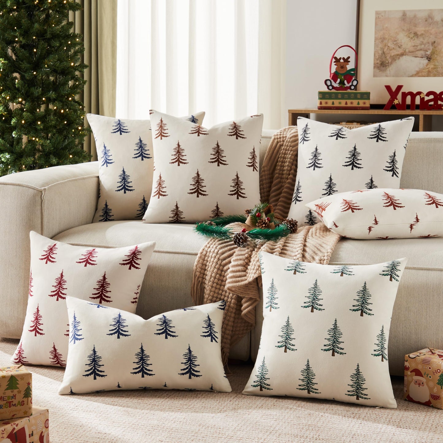 YZJZEDS 100% Cotton Christmas Pillow Covers Set of 2, 24x24 Inch Christmas Green, Winter Tree Print Decorative Xmas Throw Pillow Covers Cushion Case Winter Home Decor for Sofa Bed Living Room