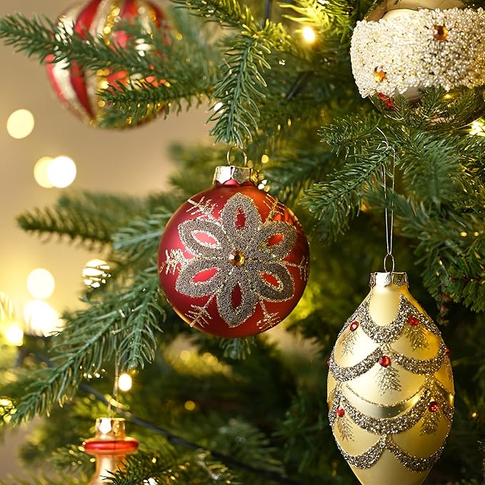 Valery Madelyn Glass Christmas Ornaments Set, 10ct Medium Red Gold Mercury Blown Glass Christmas Tree Ball Decorations, Luxury Hanging Teardrop Finial Faceted Reflector Decor
