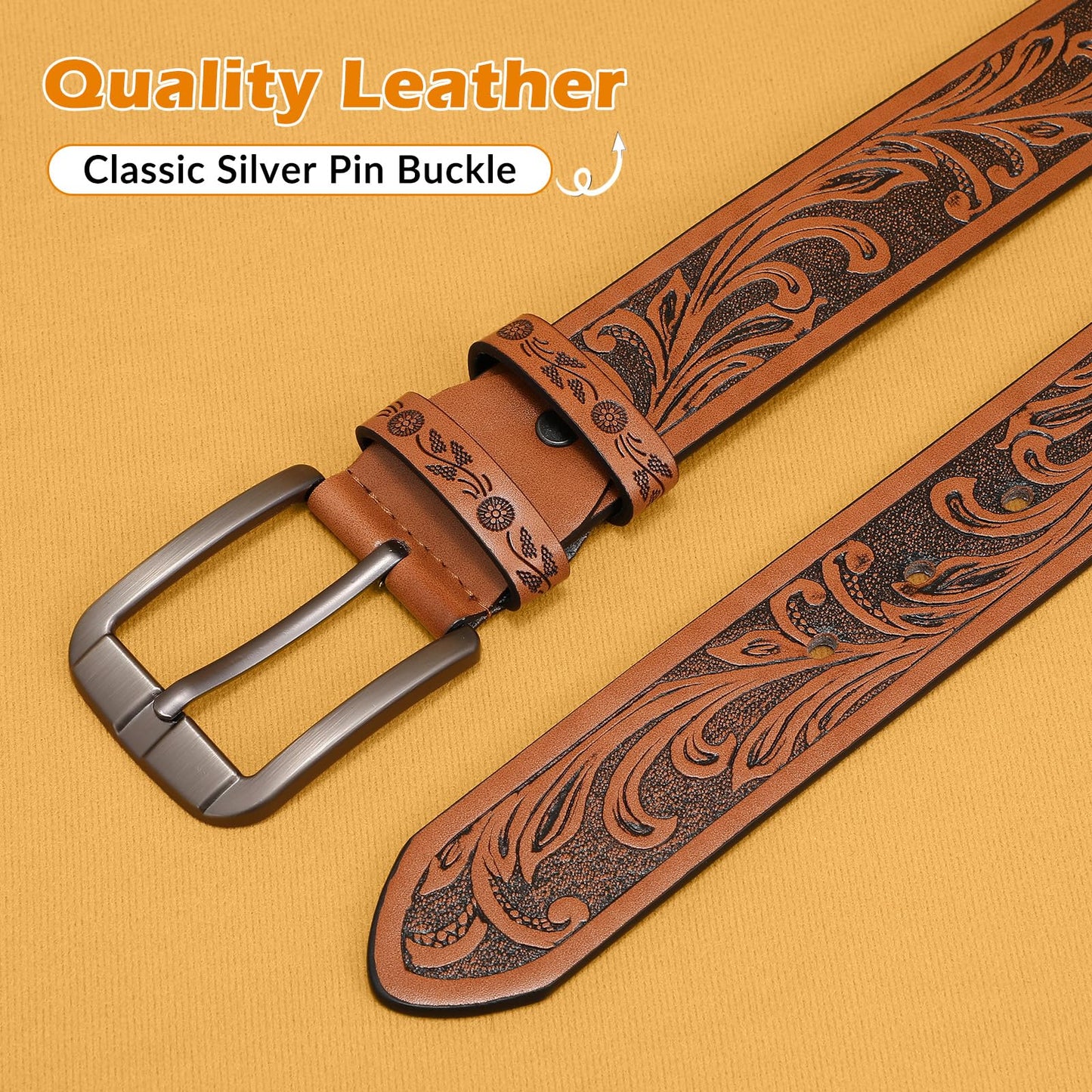 UpFind Boys Western Leather Belt Engraved Kids Cowboy Belt with Pin Buckle for Jeans Pant School Uniform Dress Up, 1.5" Wide