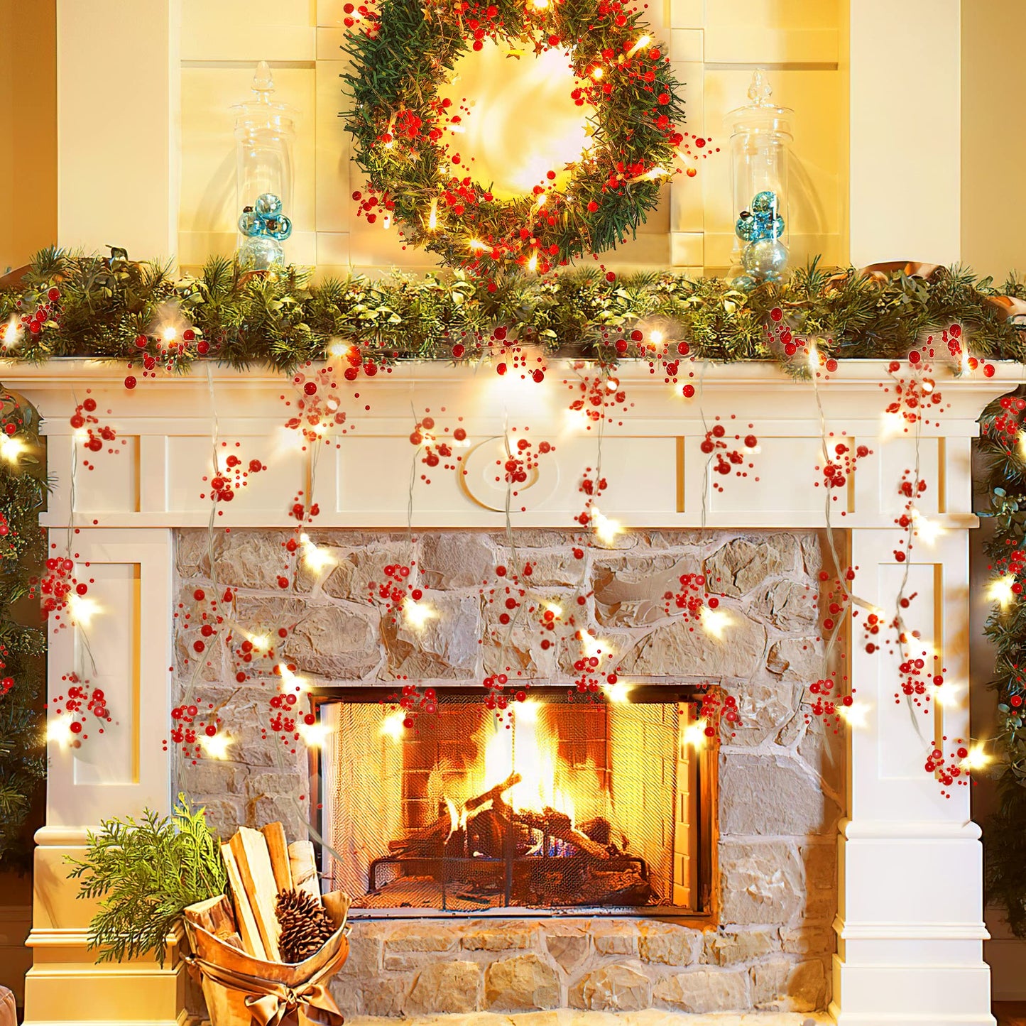 Mosoan 10FT 30 LED Christmas String Lights Battery Operated, 2 Light Modes Xmas Lighted Red Berry Garland for Christmas Tree Fireplace Decoration Indoor