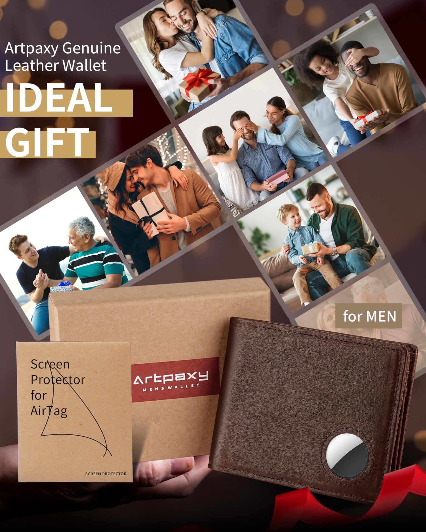Mens Wallet With AirTag Holder, Bifold Leather RFID Blocking 2 ID Windows 12 Card Holders, Gift Box and Screen Protector Included, AirTag Not Included