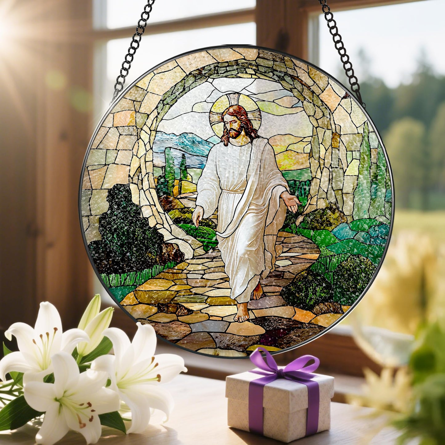 8 Inch He is Risen Resurrection of Jesus Stained Glass Suncatcher, Stained Glass Window Hanging, Sun Catchers Indoor Window Decor and Christmas, Christian Gift, Religious Gifts, Christian Home Decor