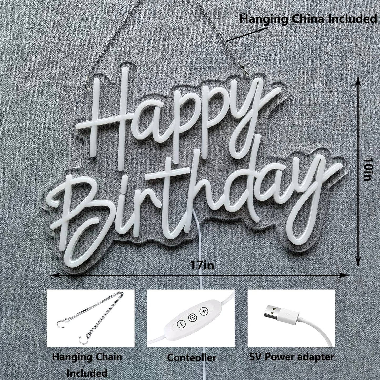 Neon Sign Happy Birthday Wall Decor Night Light for Bedroom Bar Cafe Anniversary Party Banquet Rave Home Decor Backdrop Dimmable Reusable USB Powered 5V Size 17 * 10 * 0.39 Inches (Warm White)