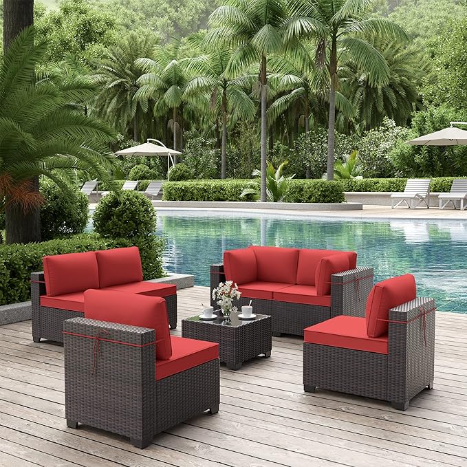 ALAULM 7 Pieces Patio Furniture Set with Coffee Table, Outdoor Sectional with Thick Cushion, All Weather Wicker Rattan Conversation Set for Backyard, Garden, Deck, (Red)