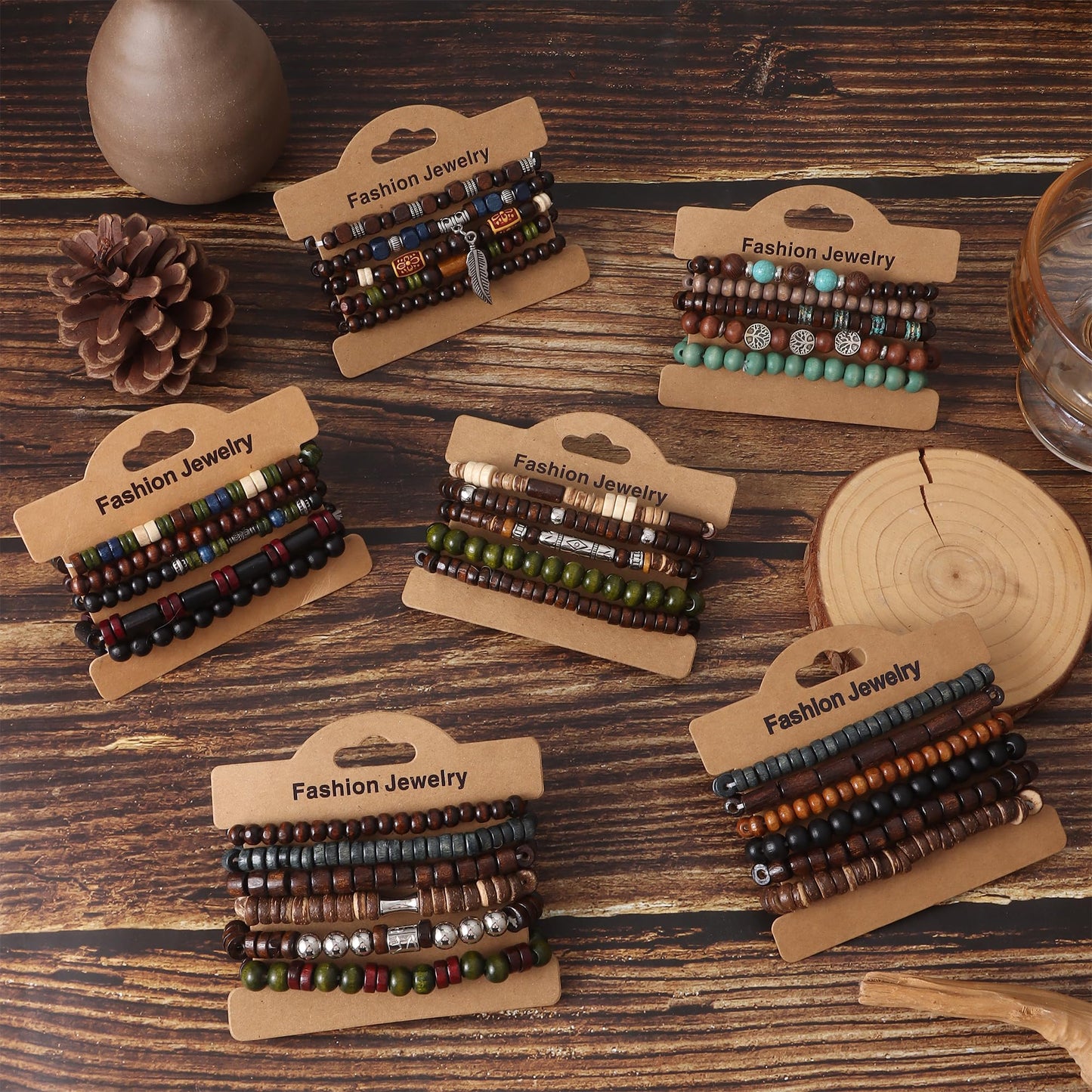 FIRAZIO 32 Pcs Wooden Beaded Bracelets for Men Adjustable Pulseras Para Hombres Set, Mens Bracelet Meaningful Gift