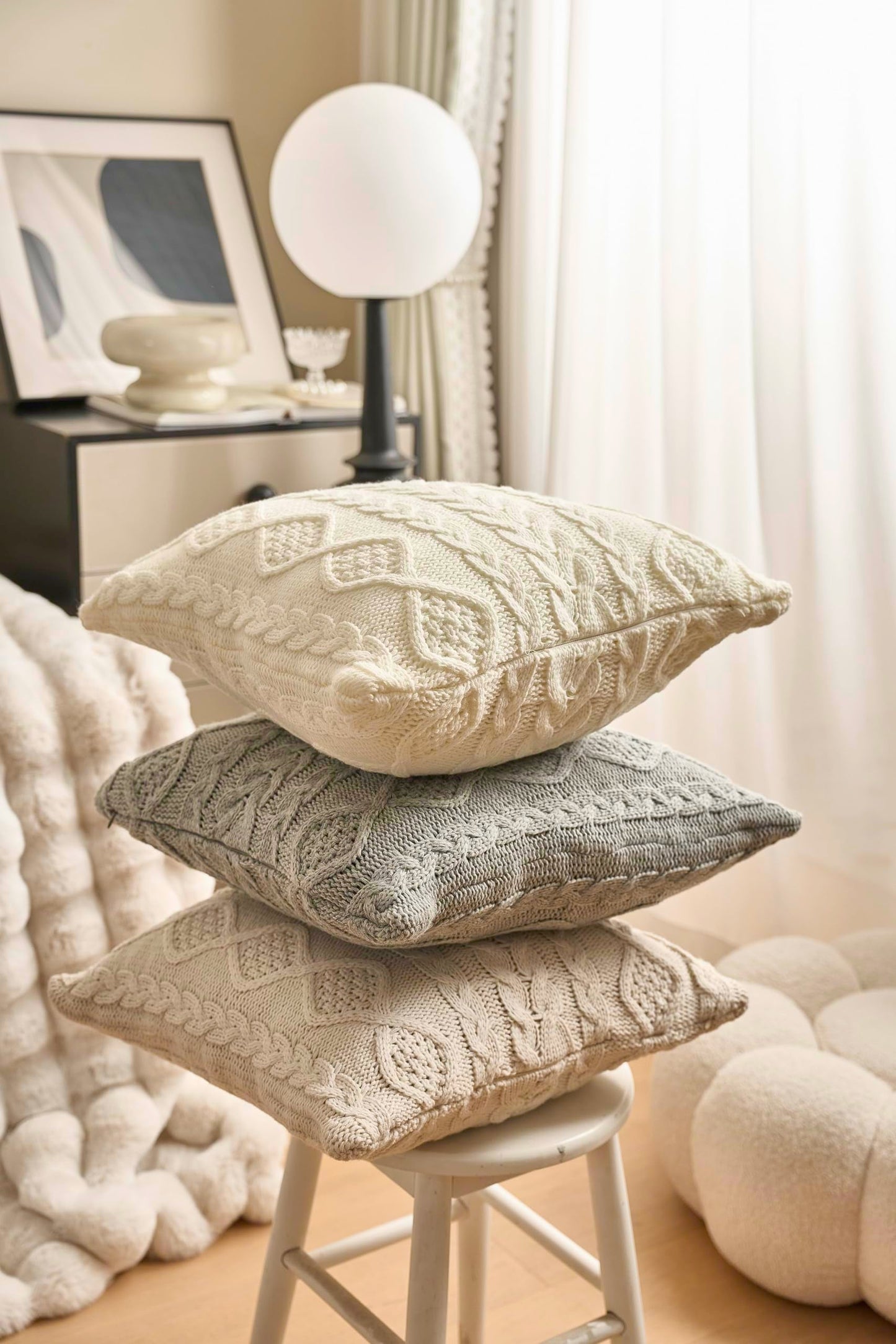 DOKOT Decorative Knit Throw Pillow Cover Chiristmas Farmhouse Sweater Square Warm Cushion Cover for Couch, Bed, Home Accent Decor (Cream, (18x18 inches(45x45cm))