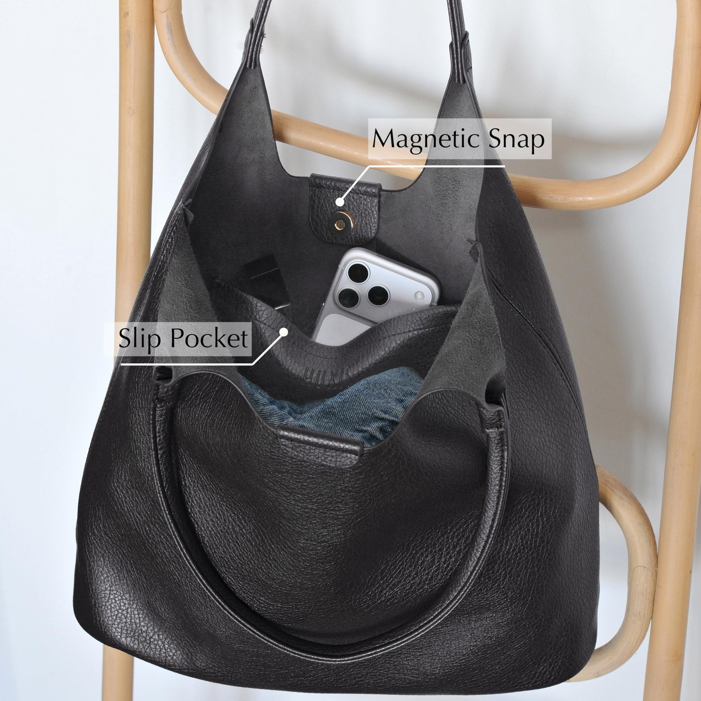 Soft Vegan Leather Tote Bag for Women Hobo Handbag Purse for Travel and Everyday (Black)