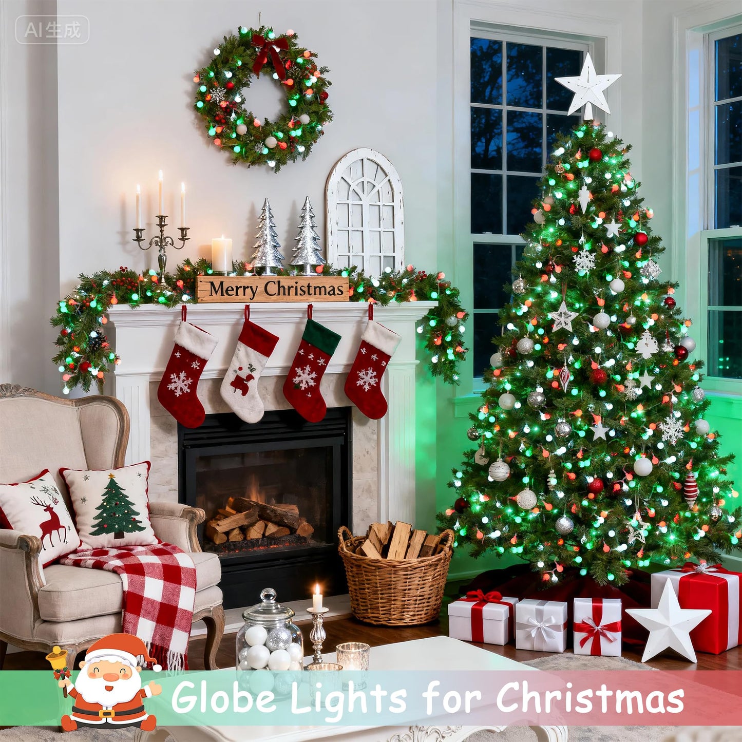JMEXSUSS Globe String Lights, Red White and Green Christmas Lights,100 LED Plug