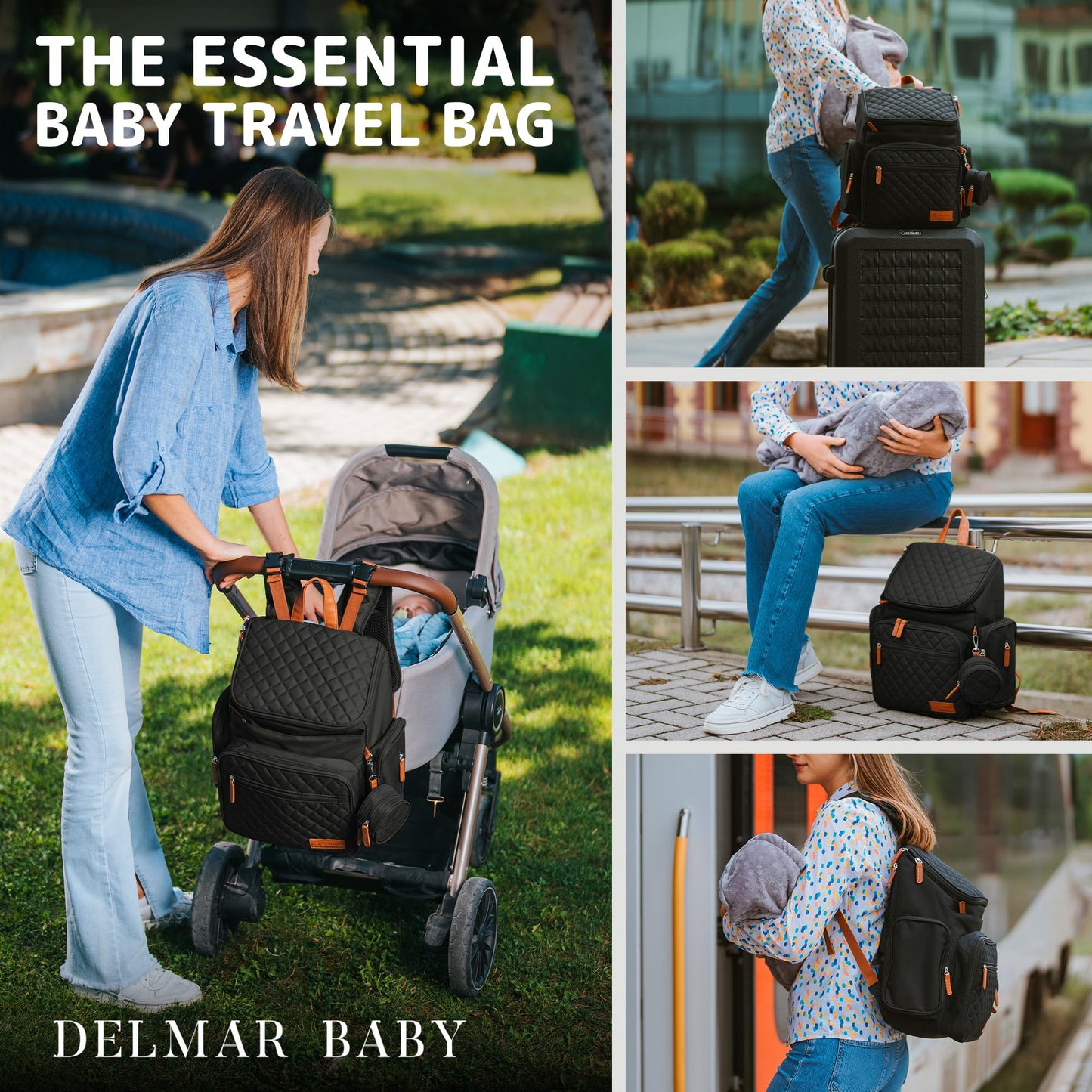 DELMAR BABY Large Diaper Bag Backpack for Mom & Dad | Unisex Baby Travel Bag | 15 Pockets | Changing Pad | Stroller Straps | Stylish & Washable | Newborn Essentials | Black