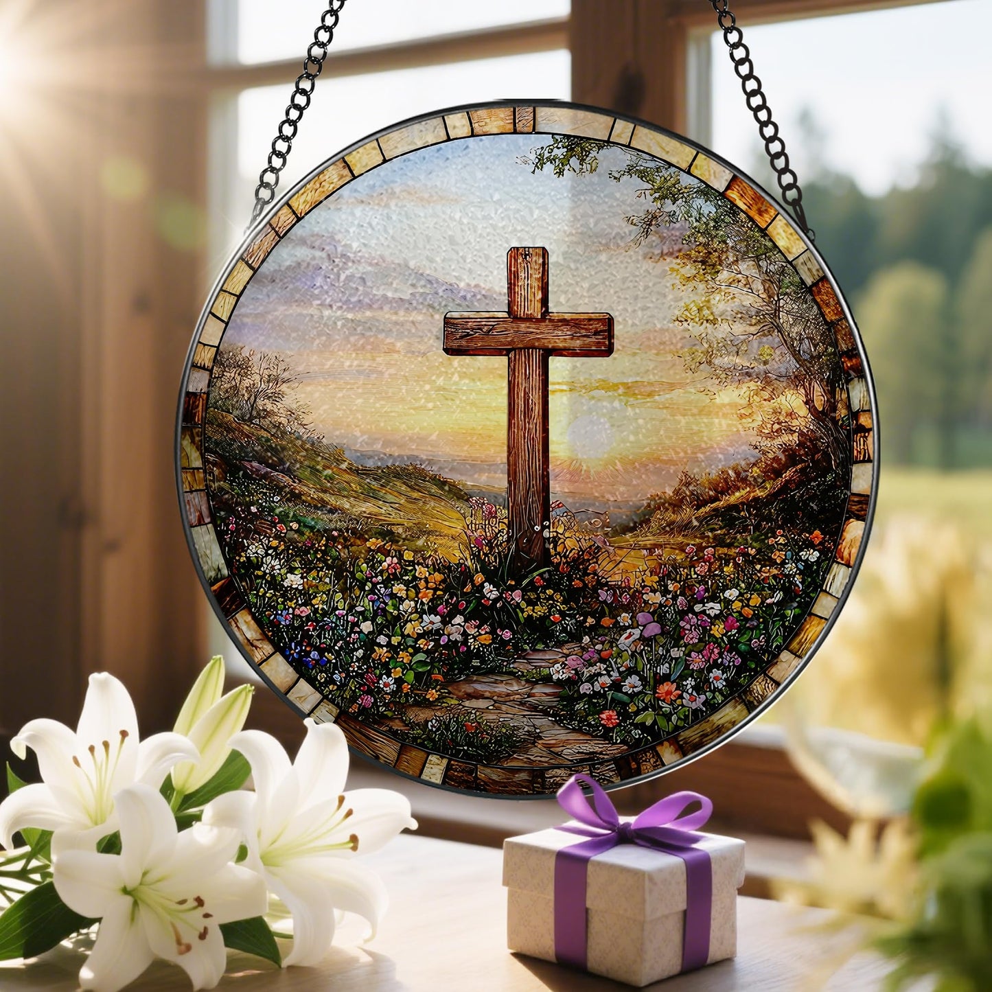 LAOWEIKI 8 Inches Cross Sunset Stained Glass Suncatcher, Christmas Ornament, Window Hanging Decor, Christian Home Decor, Christian Gift, Religious Gift, Gifts for Christmas