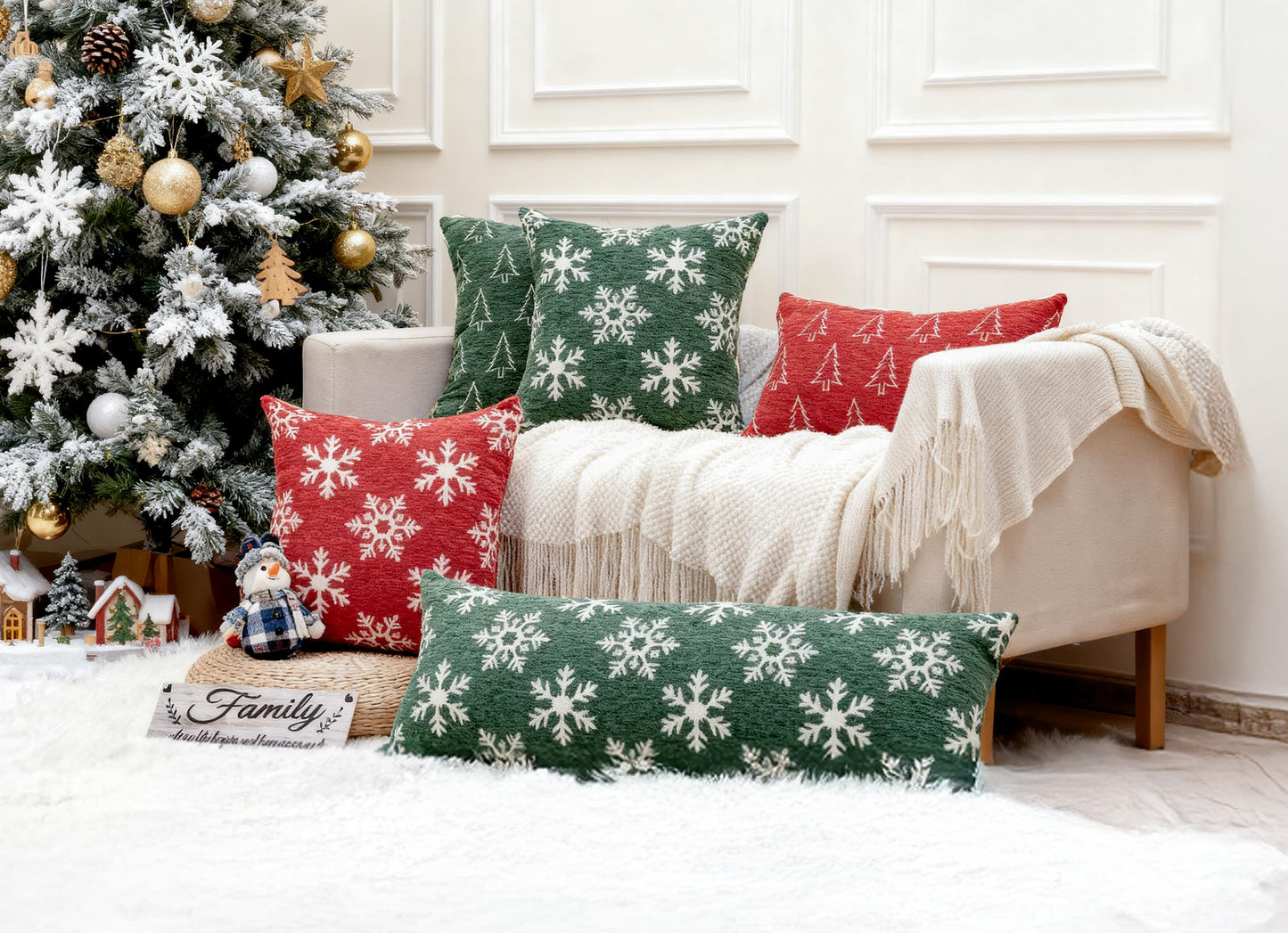 Auomily Christmas Chenille Pillow Covers 20x20 Set of 2, Reversible Snowflake & Tree Design, Cozy Farmhouse Holiday Throw Pillowcases with Hidden Zipper for Sofa, Couch and Bed(Red,20x20)