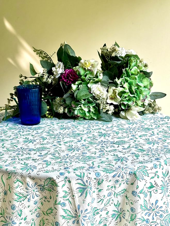 ATOSII Aster Blue 100% Cotton Round Tablecloth, Handblock Print Floral Table Cloth for Kitchen Dining Linen I Parties, Weddings, Outdoors, Easter, Spring Summer Decor I 60" Inches Round