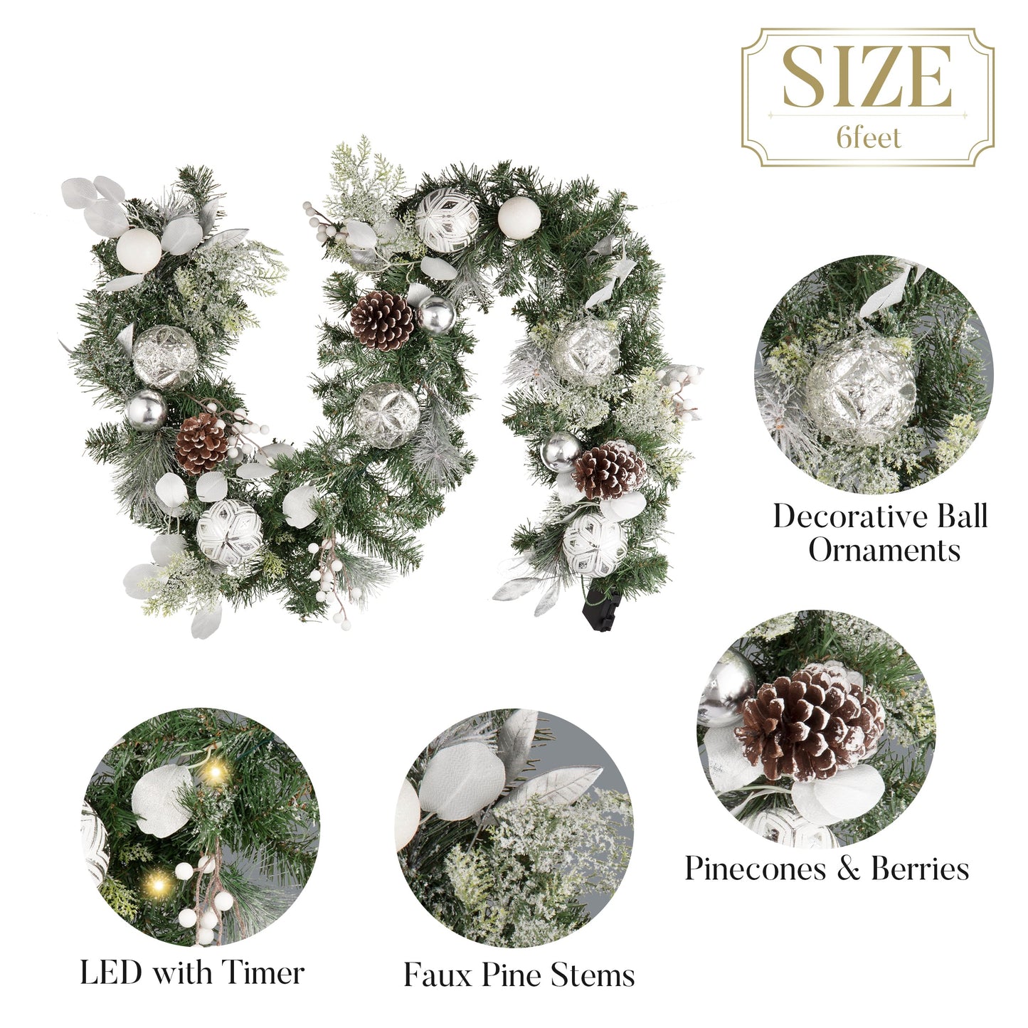 Valery Madelyn 6 Feet Pre-Lit Christmas Garland with Lights for Mantle, Lighted Outdoor Xmas Garland with Snowy White Ball Pinecones for Home Stairs Fireplace Table Centerpiece Indoor Holiday Decor