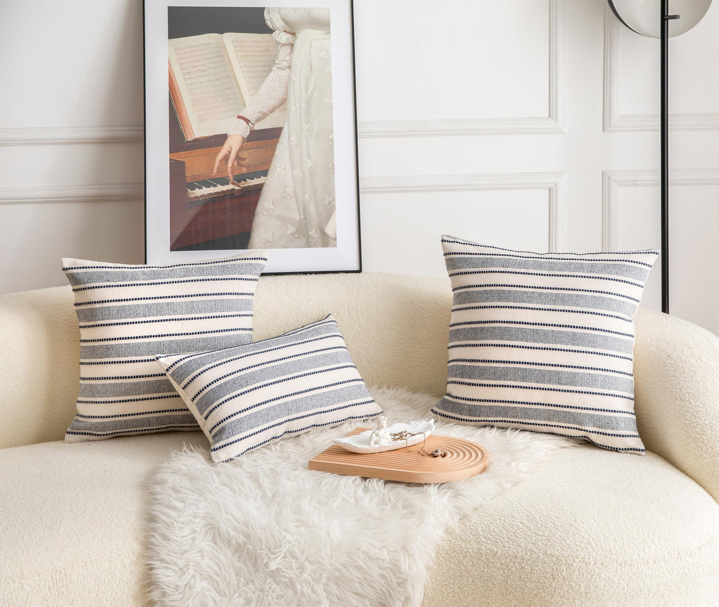 Cethom Decorative Boho Throw Pillow Covers, Farmhouse Textured Pillow Case, 20 x 20 Inch Set of 2, Chair Sofa Bedroom Living Room Decor Couch Cushion Case, Navy Blue and Beige Striped