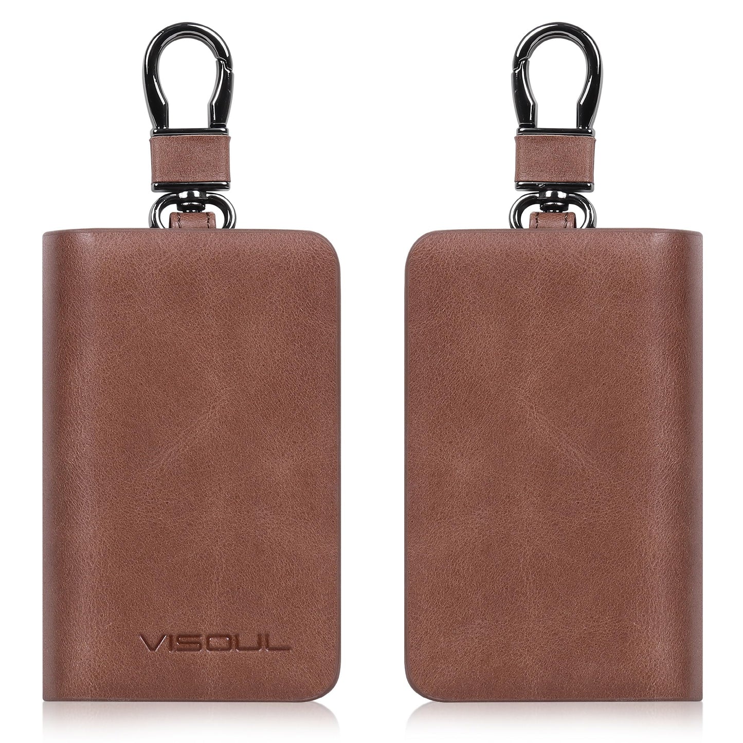 VISOUL Car Key Case Holder Double Zipper, Leather Car Smart Key Fob Case with Keychain for Men and Women-Brown