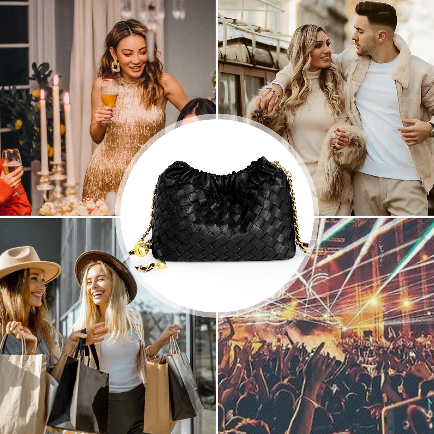 Joryin Woven Women's Crossbody Bag & Evening Purse, Trendy Dumpling Clutch & Hobo Cloud Shoulder Bag Trendy Dumpling Clutch Vegan Leather, Black