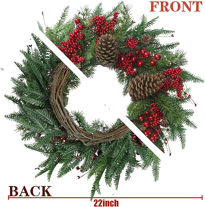 22’’ Artificial Christmas Wreath Norfolk Pine Wreath for Front Door with Pine Needles Red Berries Big Pinecones Christmas Decorations for Winter Farmhouse Wall Indoor Outdoor Home Holiday Xmas Decor