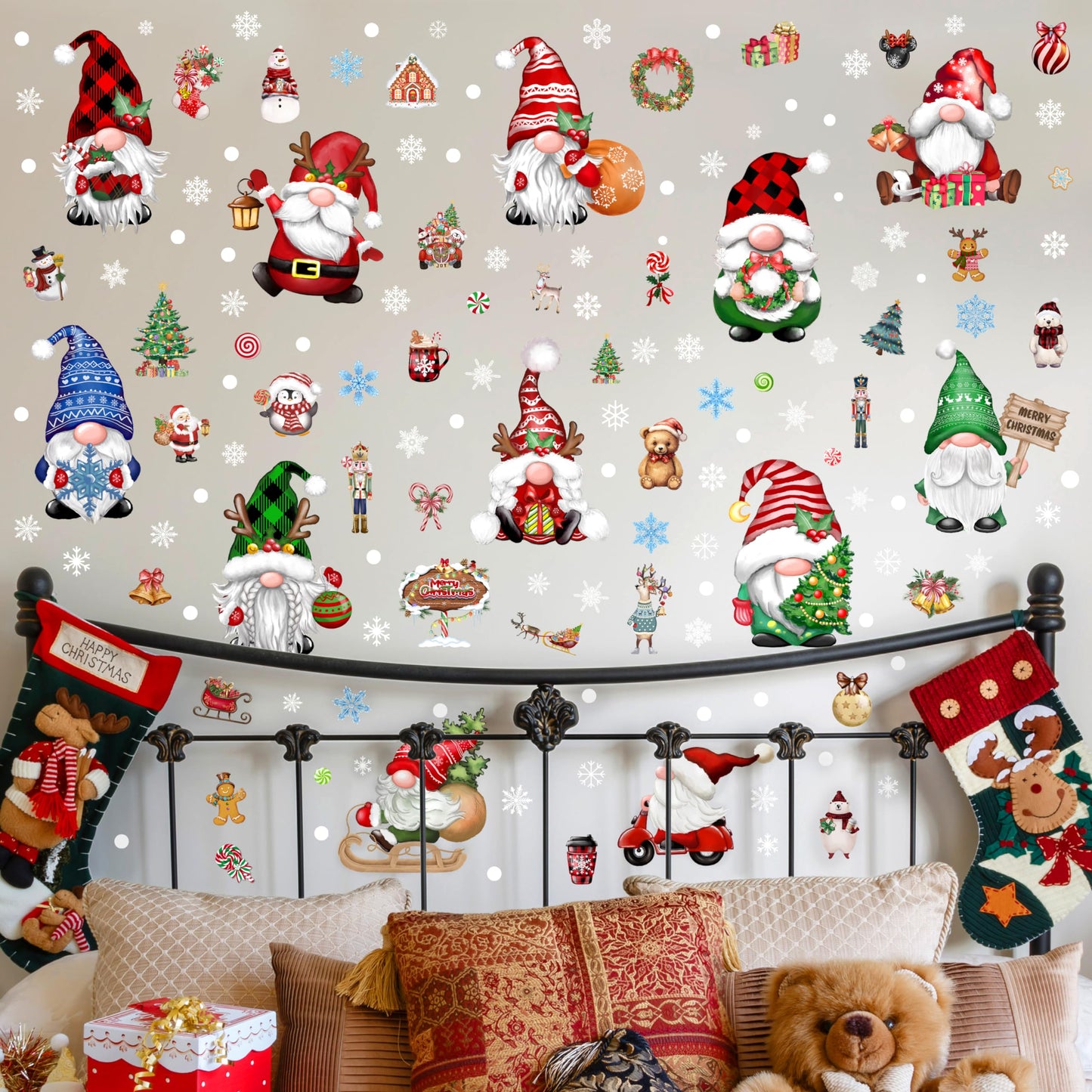 Christmas Gnomes Wall Stickers Decoration 12 Sheets, Christmas Wall Decals Holiday Gnome Decor, Winter Snowflake Vinyl Stickers for Living Room Bedroom Home Office Decor