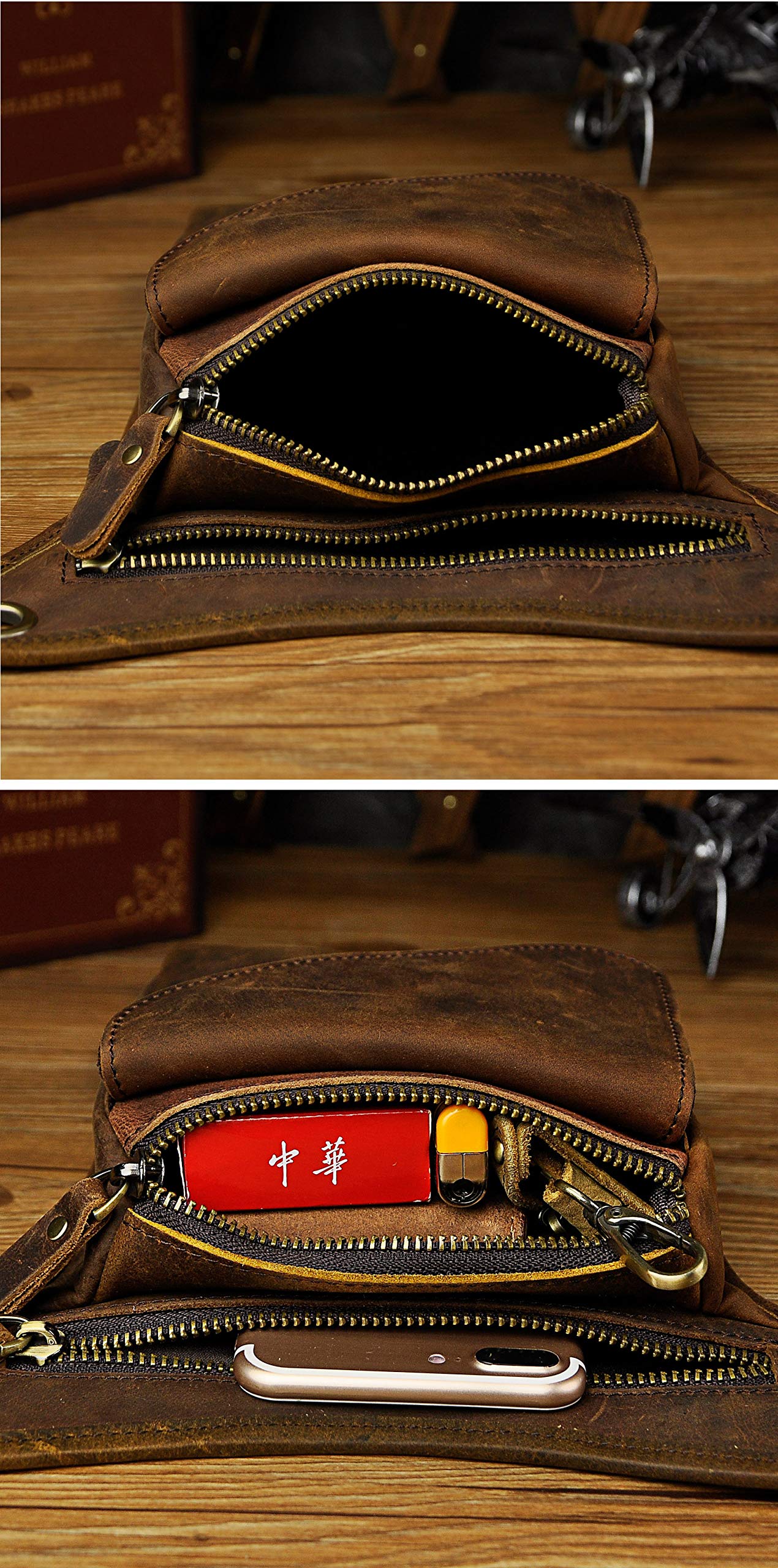 Le'aokuu Mens Genuine Leather Messenger Hiking Waist Hip Bum Pack Drop Leg Bag 211-3 1 Dark Brown