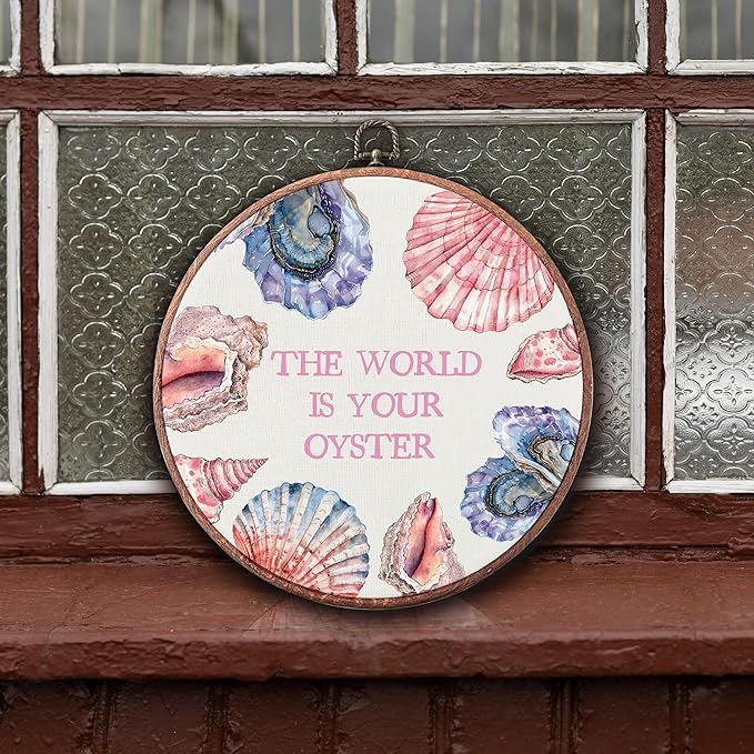 Threegoat The World Is Your Oyster Round Wall Art,Coastal Vintage Oyster Shell Wall Art Decor for Bedroom,Beach Ocean Nautical Framed for Coastal Prints Living Room Bathroom Decorations - A11