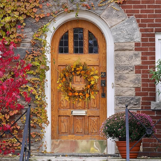 YNYLCHMX 18" Fall Wreaths for Front Door, Artificial Autumn Wreath with Cape Gooseberry and Ginkgo Leaves for Home Porch Window Wall Farmhouse Decor, Indoor Outdoor, Holiday Decor