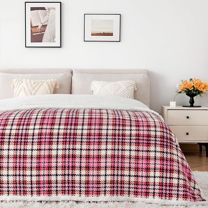 Touchat Sherpa Plaid Throw Blanket, 60" X 70" Fuzzy Fluffy Cozy Soft Blanket, Fleece Flannel Plush Twin Size Microfiber Blanket for Couch Bed Sofa, Black&Pink