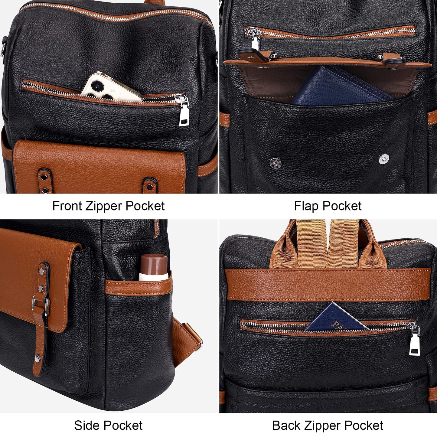 Over Earth Genuine Leather Backpack Purse for Women Fashion Shoulder Bag Ladies Crossbody Handbag(O188E Black/Brown RP)