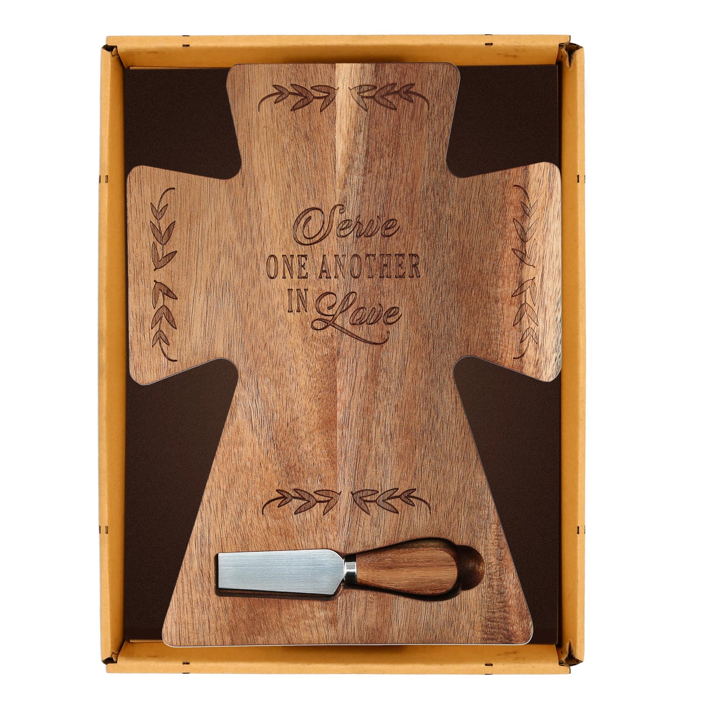 Pavilion - Serve One Another In Love - 12" x 8.75" Cross-Shaped Acacia Wood With Spreader Charcuterie Bread Cheese Serving Board Inspirational Spiritual Faith Religious God Jesus Church Friend Gift