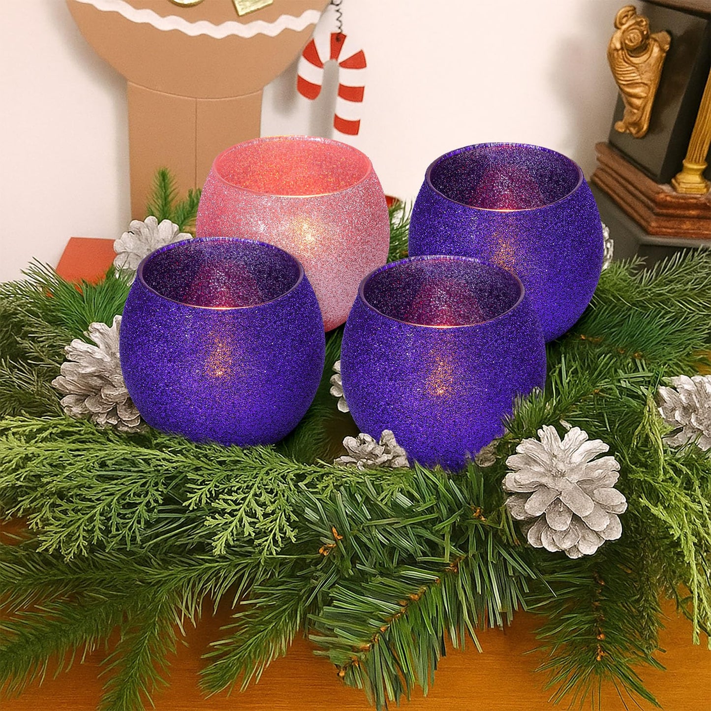 Mumufy 4 Set Christmas Advent Candle Holders Glass Tealight Votive Candle Holders for Tabletop Centerpiece Christmas Table Decorations Gifts