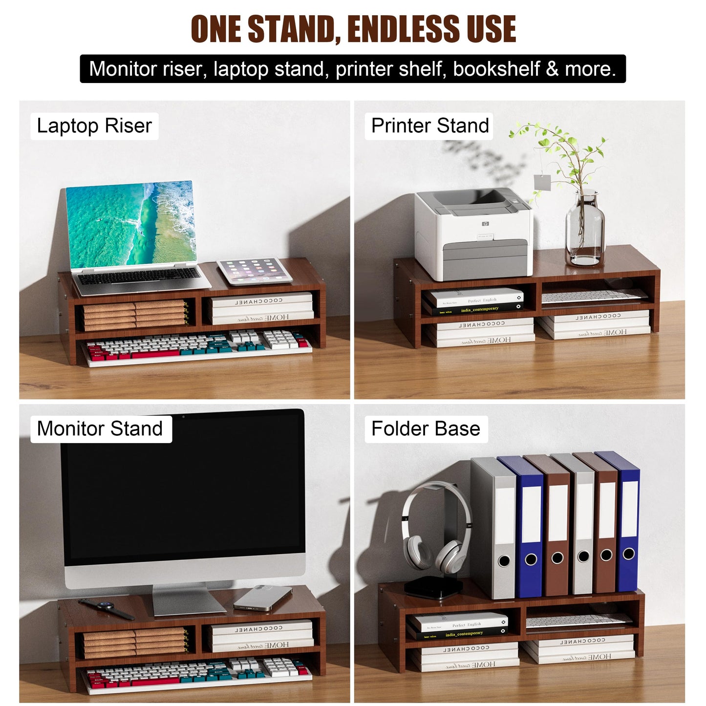 Qecamy Monitor Stand Riser with Storage, 2 Tier Desk Organizer & Desktop Wood Shelf, Ergonomic Computer Stand for Laptop, PC & Printer, 16" Small TV Riser with 50 lbs Weight Capacity, Walnut Brown