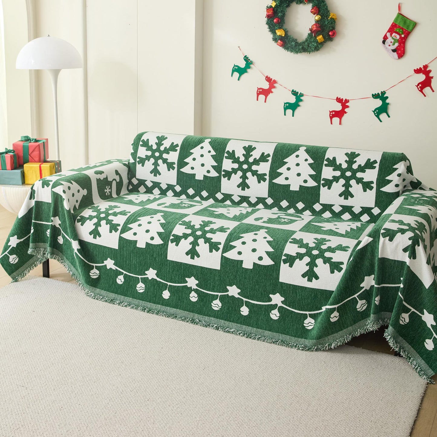 MEETSKY Christmas Couch Cover for Sectional Sofa, Chenille Loveseat Green Sofa Covers Washable for Pet Friendly Snowflake Christmas Tree Decorative Couch Covers, 71" x 102"