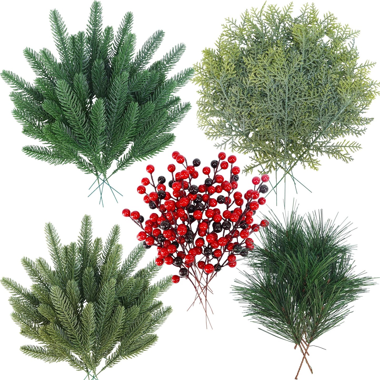 Winlyn 65 Pcs Artificial Pine Branches and Red Berries Stems Christmas Greenery Stems Cedar Picks for Christmas Tree Wreath Winter Wedding Holiday Floral Arrangement Table Centerpiece DIY Crafts