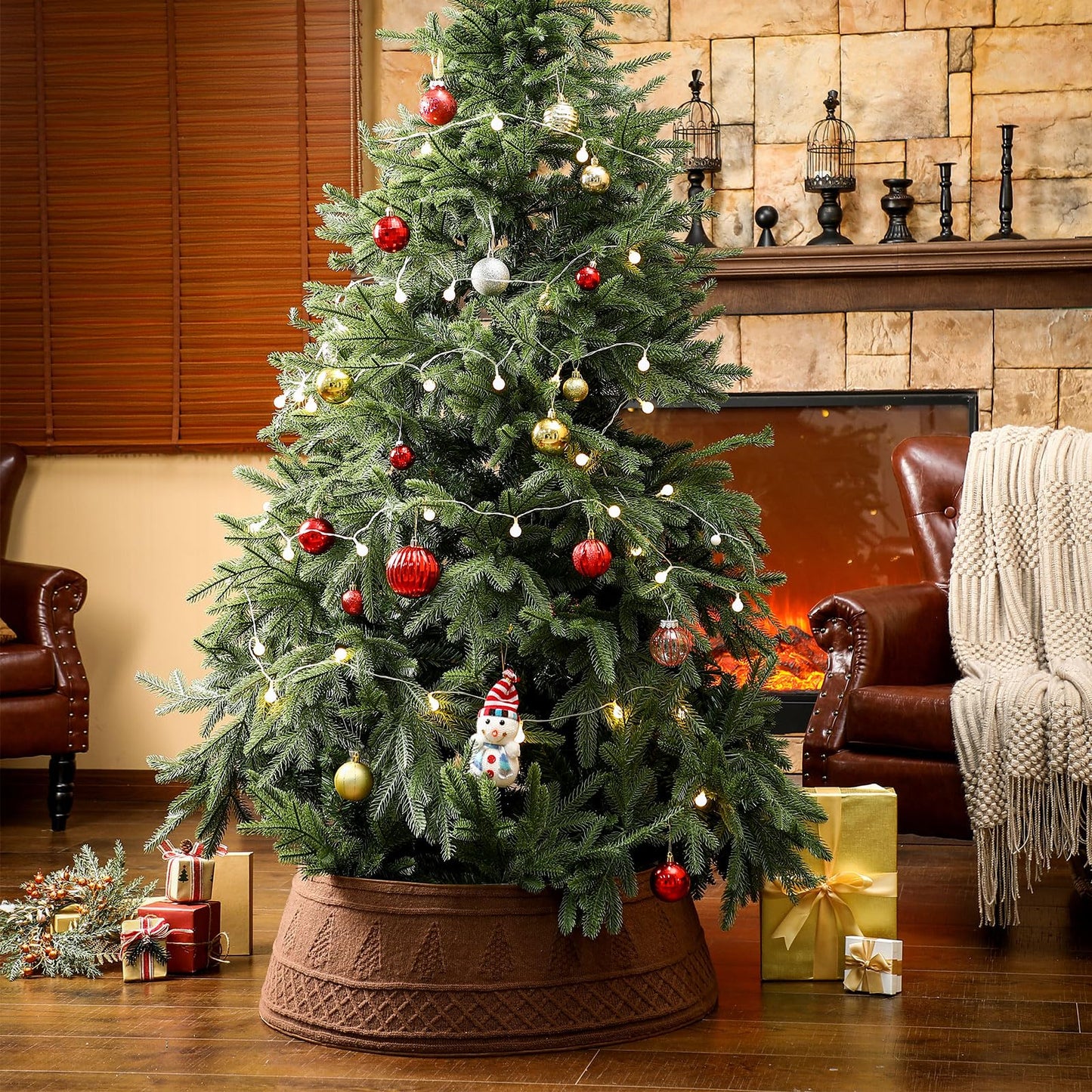 VioraWhite 28 Inch Christmas Tree Collar, Neutral Chunky Cable Knit Tree Base Cover Ring Skirt, Rustic Farmhouse Basket Collar for Xmas Home Office Holiday Decor, Fits 4-6 ft Trees(Dark Khaki)