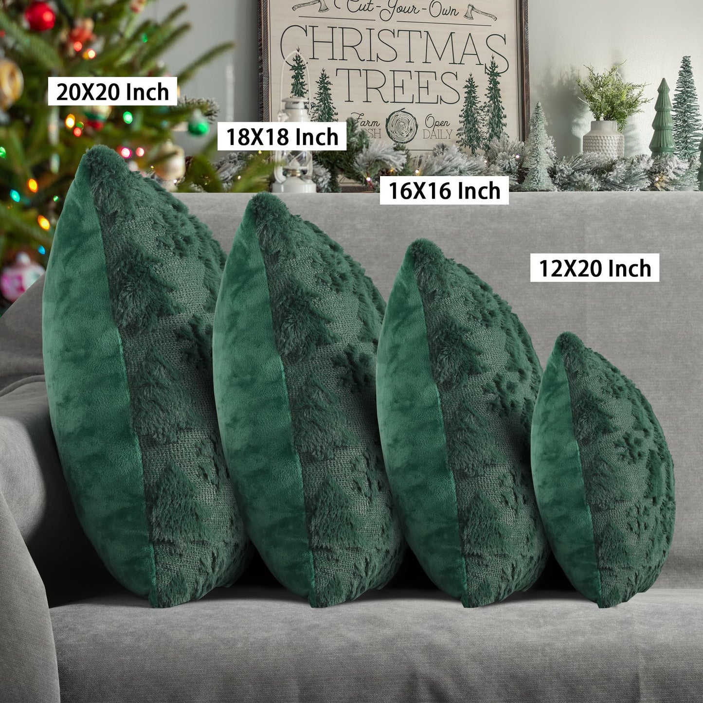 4TH Emotion Christmas Snowflake Tree Decorative Pillow Covers 18x18 Set of 2, Green Soft Plush Faux Fur Farmhouse Throw Cushion Cases for Xmas Winter Holiday Home Decorations