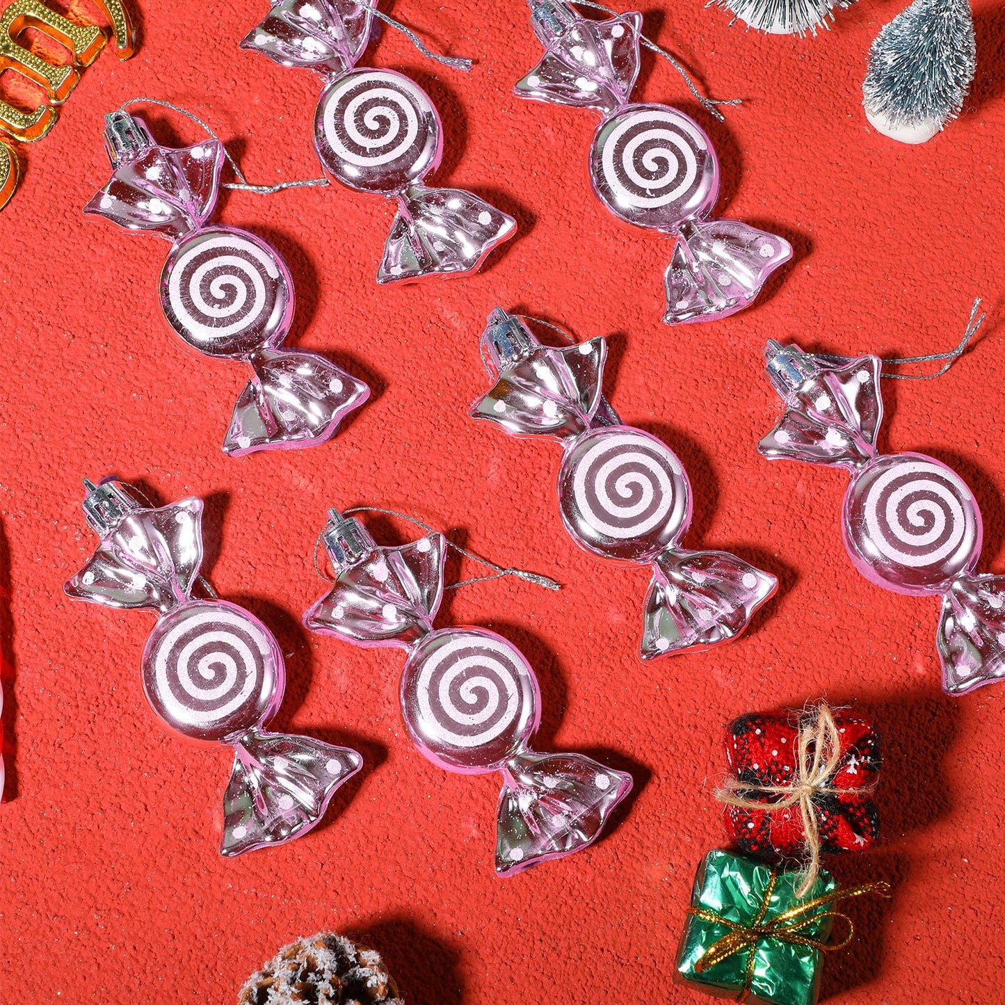 Threan 12 Pcs Christmas Candy Ornaments for Tree Decoration Hanging Glitter Candy Cane Christmas Peppermint Ornament with Golden Rope for Xmas Holiday Decoration(Pink,Plastic)