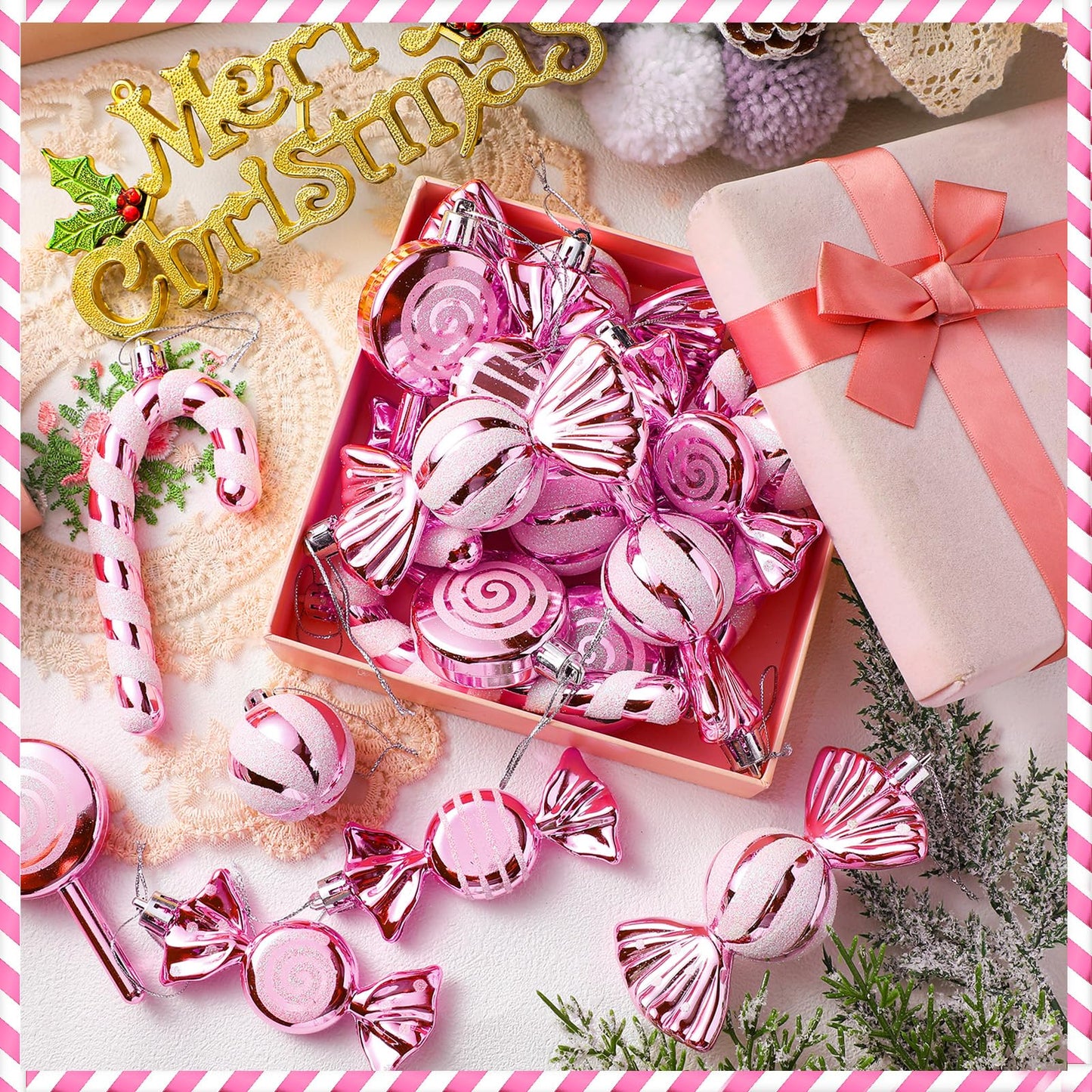 Liliful 30 Pcs Christmas Candy Cane Lollipop Ornaments Set Plastic Holiday Peppermint Candy Home Hanging Ornament Lollipop with Rope for Xmas New Year Party Decor(Pink White)