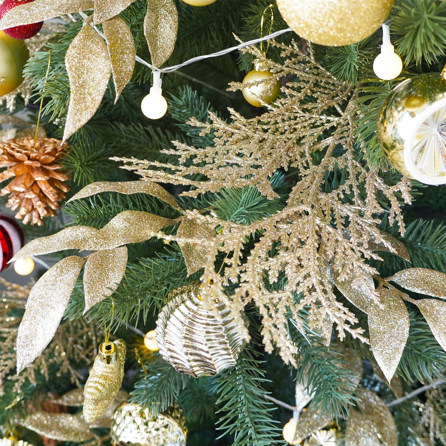 Winlyn 15 Pcs Christmas Artificial Cedar Sprays Champagne Glittered Faux Cedar Branches Stems Christmas Tree Ornament Picks 14.4" for Christmas Tree Wreath Wedding Bouquet Holiday Centerpiece