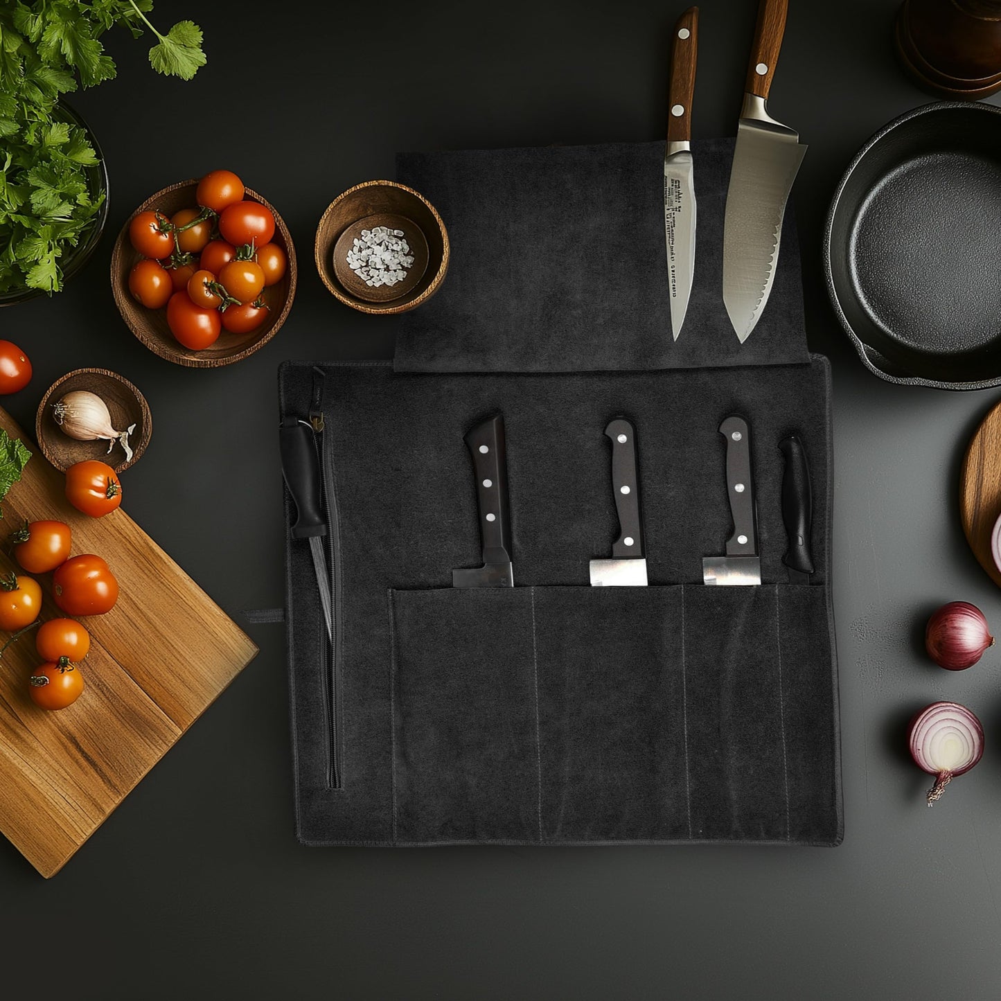 LEATHER VILLAGE Genuine Leather Knife Roll Bag – Professional Chef Carrying Case, Durable Sheath Holder, Cooks & Culinary Tools Organizer, Portable Travel Storage with 4 Slots & Zipper - Black