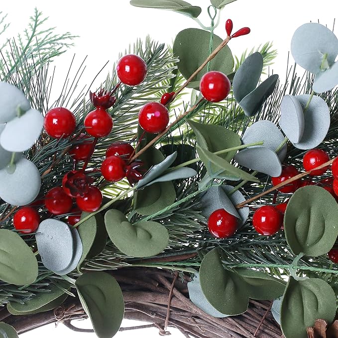 20 Inches Christmas Wreath Winter Wreaths Holiday Christmas Wreaths for Front Door Christmas Berry Wreath with Pine Needles Pine Cones Red Berries for Window Indoor Outdoor Winter Decorations